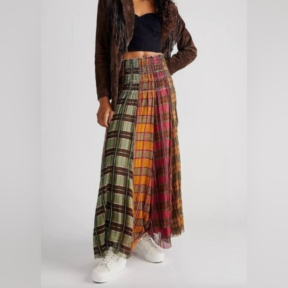 Free People FP One Lausanne Convertible Plaid Maxi Skirt terracotta combo